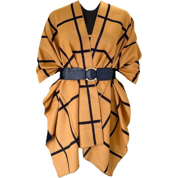 Women Shawl Wrap Poncho Ruana Cape Open Front Cardigan with Belt Black Sandstone - Picture 1 of 5